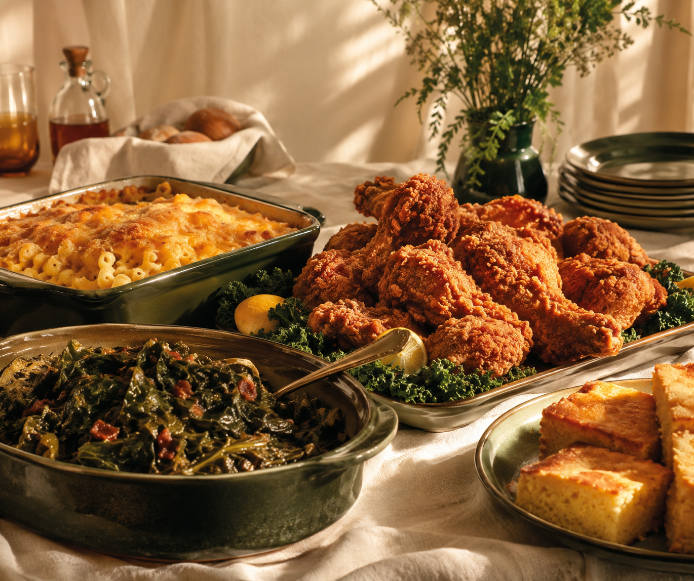 Illustrative soul food spread with fried chicken, greens, mac and cheese, and cornbread