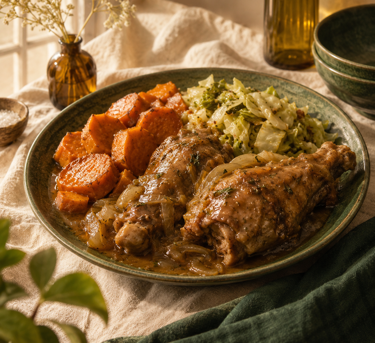 Illustrative family platter with turkey wings, yams, and cabbage